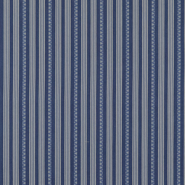 Muted navy blue woven stripe with ivory lines and geometric triangular bands
