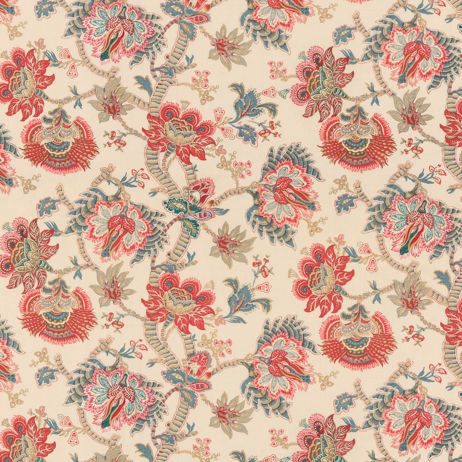 Cream ground with red and blue paisley blooms, scrolling stems and fine floral sprigs
