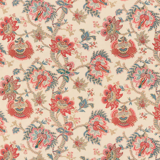 Cream ground with red and blue paisley blooms, scrolling stems and fine floral sprigs