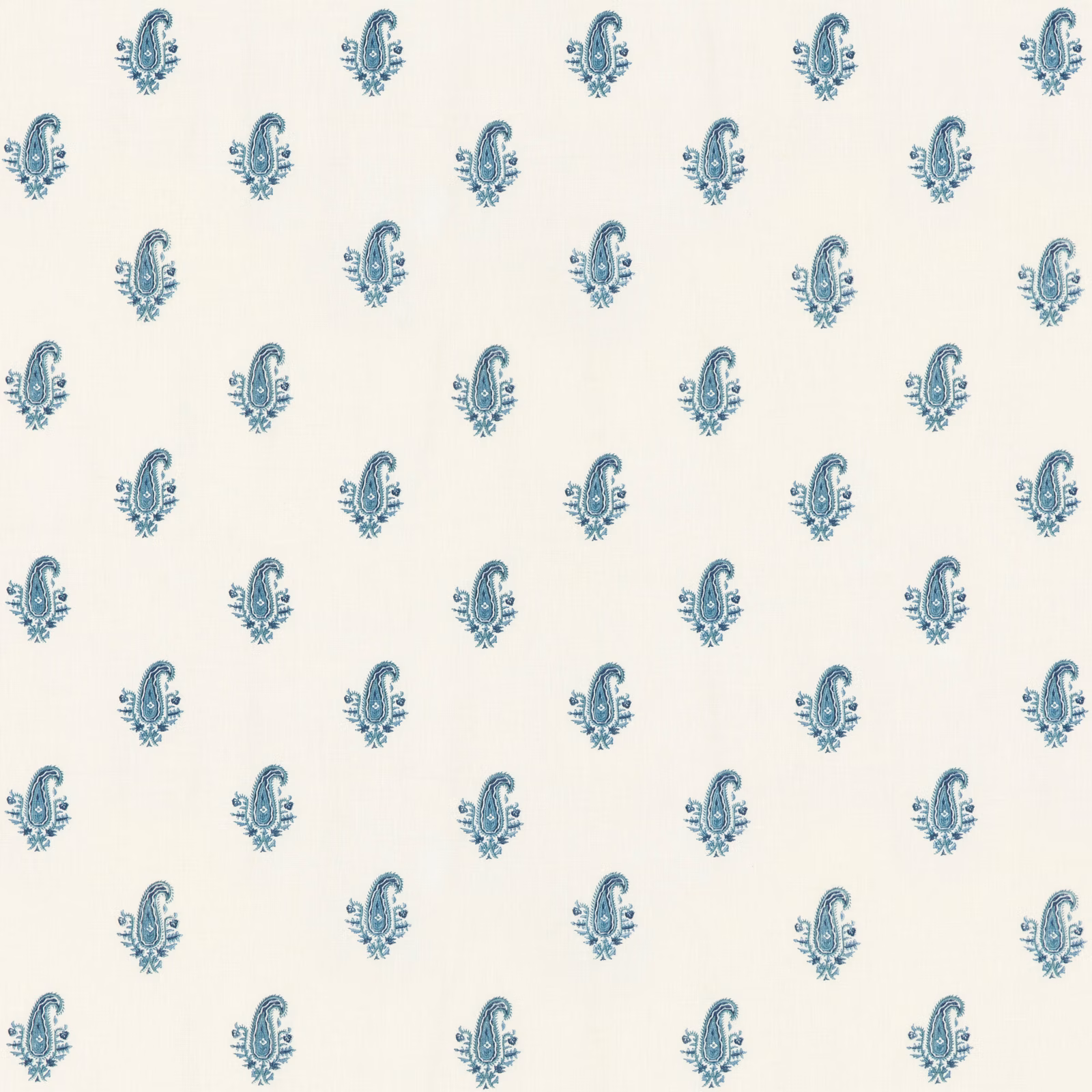 Ivory linen with evenly spaced small indigo paisley motifs and subtle texture