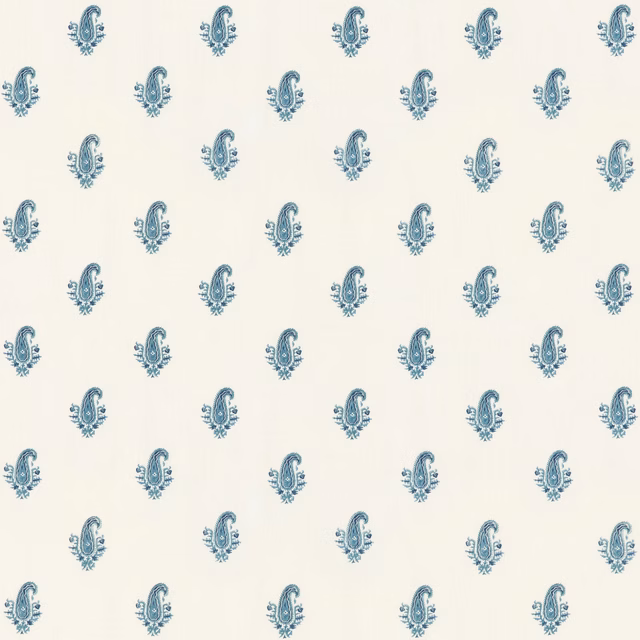 Ivory linen with evenly spaced small indigo paisley motifs and subtle texture