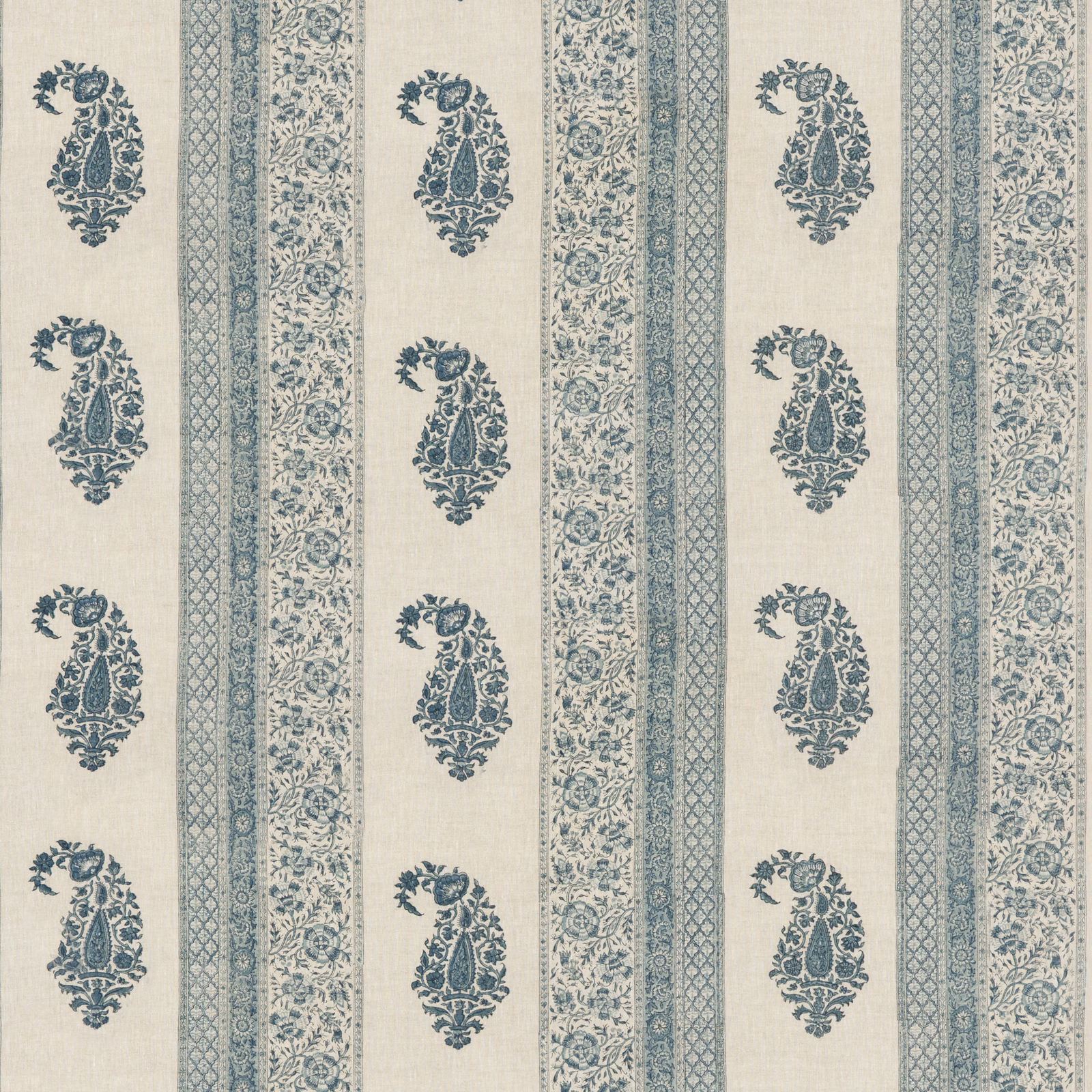 Ivory linen with muted blue paisleys, floral stripes and geometric vertical bands