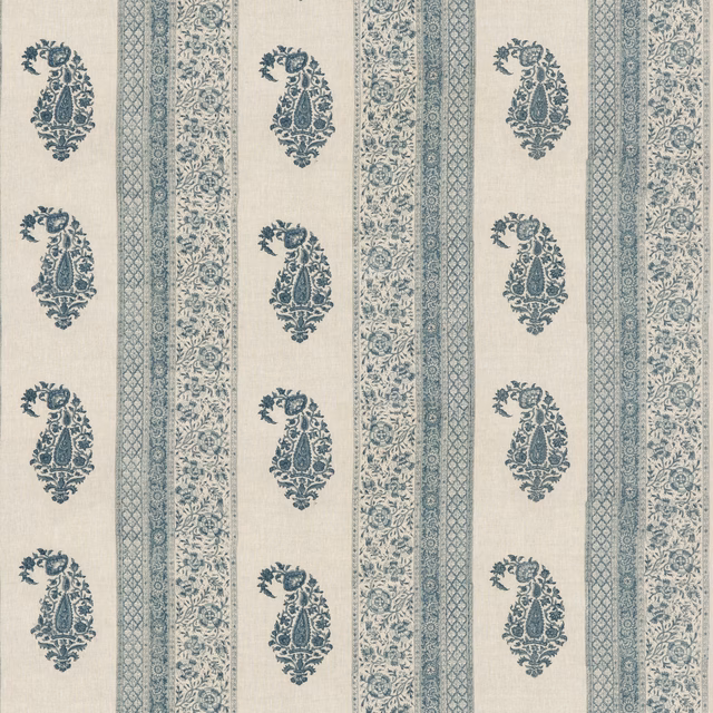 Ivory linen with muted blue paisleys, floral stripes and geometric vertical bands