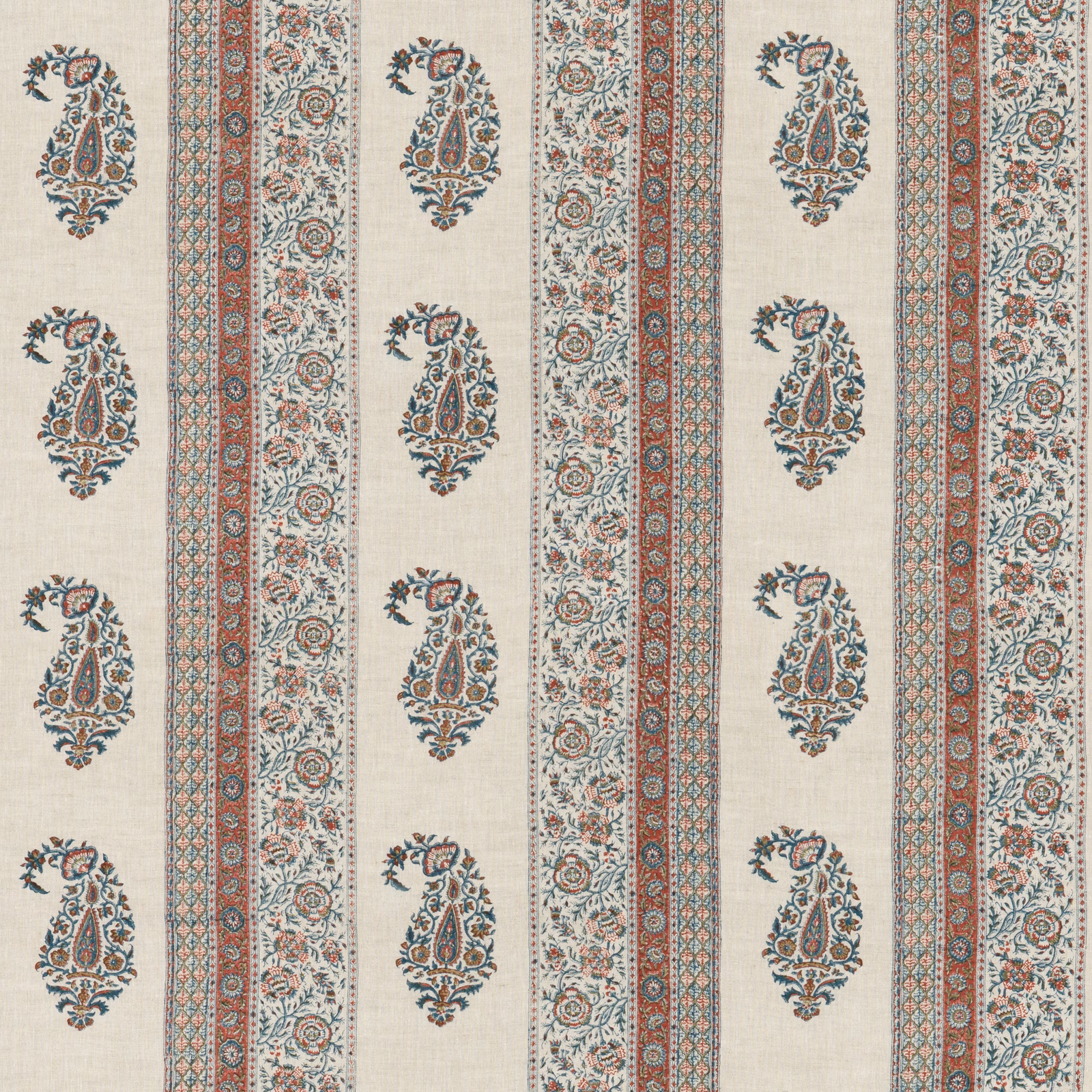 Ivory linen with red and blue paisley medallions and ornate vertical stripes