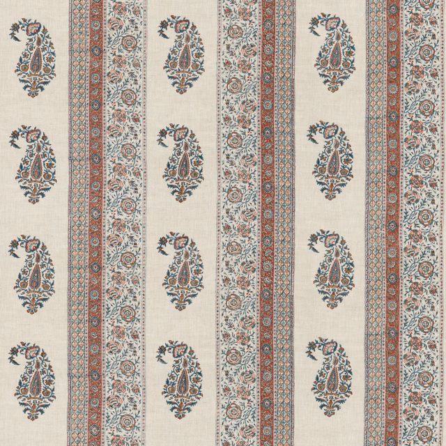 Ivory linen with red and blue paisley medallions and ornate vertical stripes