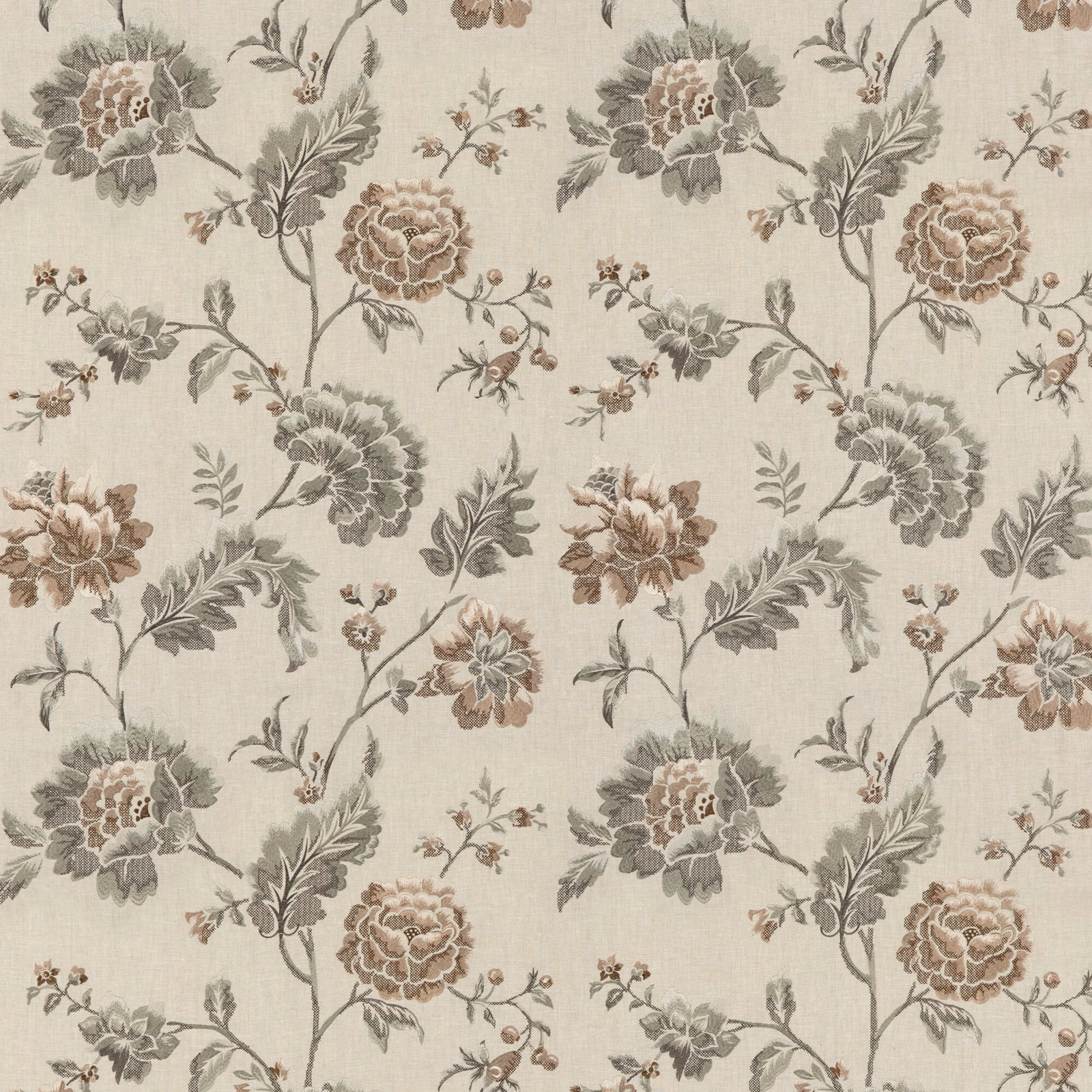 Parchment beige floral fabric with muted grey-green leaves and taupe blooms