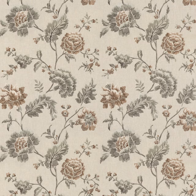 Parchment beige floral fabric with muted grey-green leaves and taupe blooms
