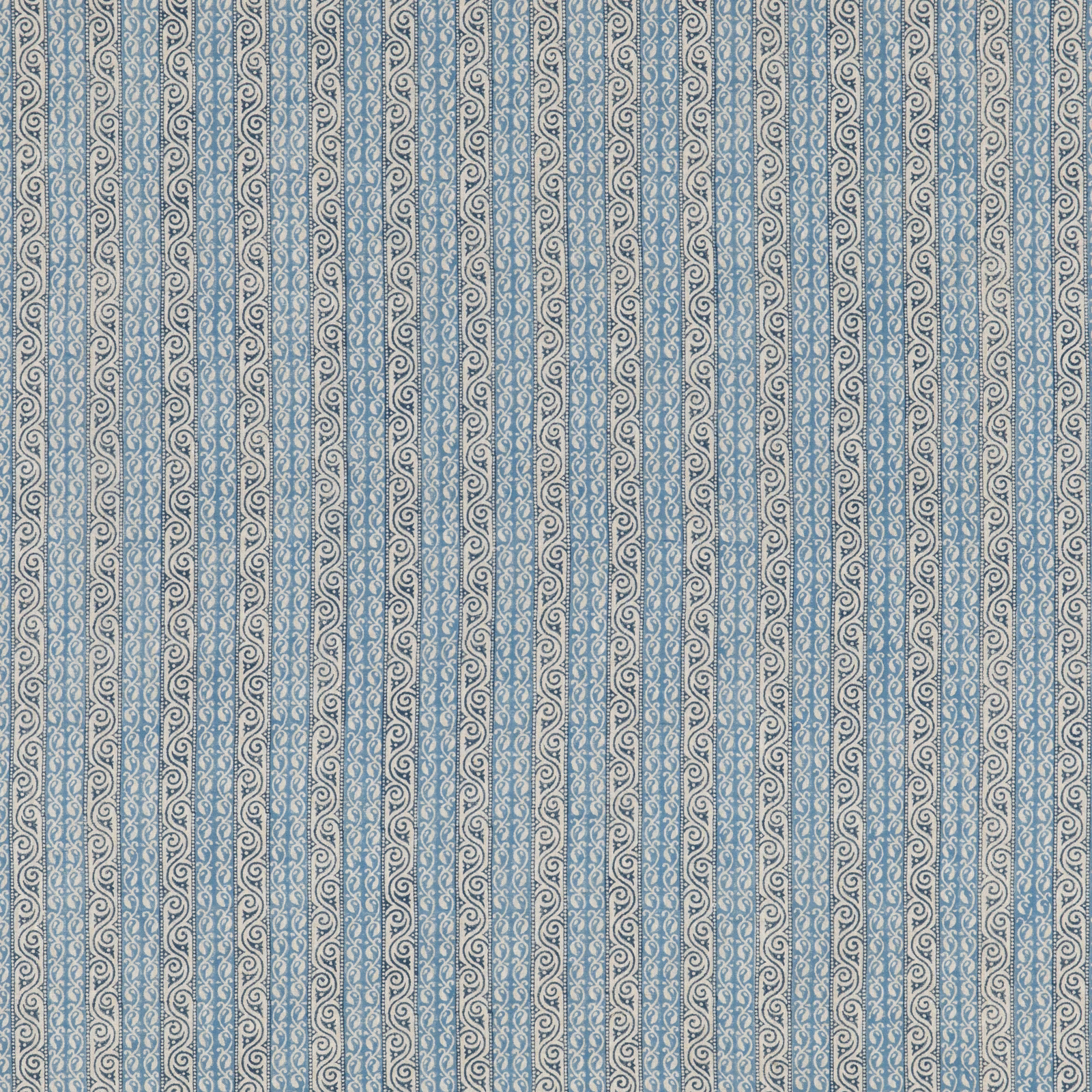 Blue-grey linen with fine vertical scrolling stripes on a stone ground