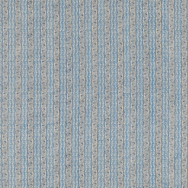 Blue-grey linen with fine vertical scrolling stripes on a stone ground