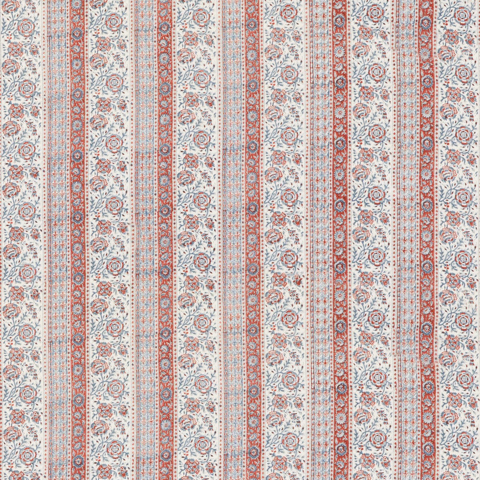 Ivory linen with muted red and blue floral stripes in a narrow vertical repeat