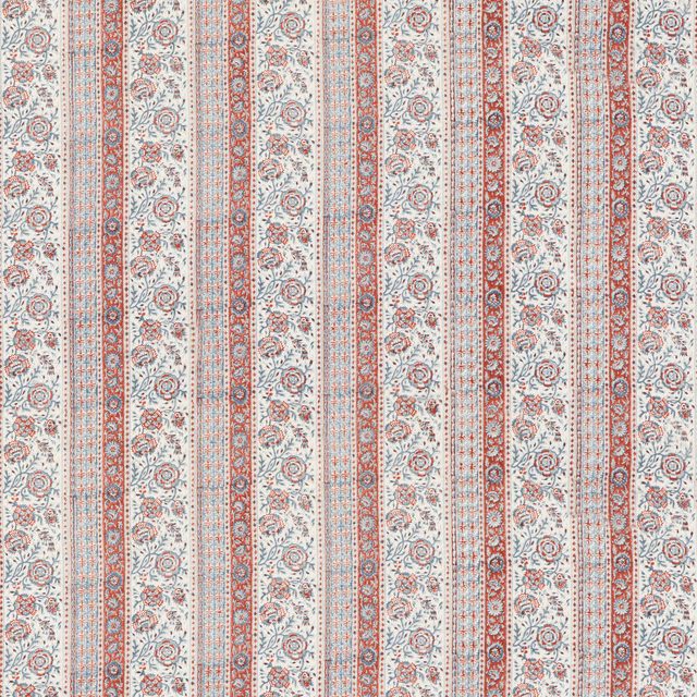Ivory linen with muted red and blue floral stripes in a narrow vertical repeat