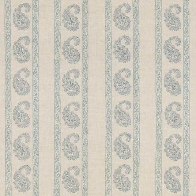 Muted blue-grey paisleys and scrolling bands on textured ivory linen