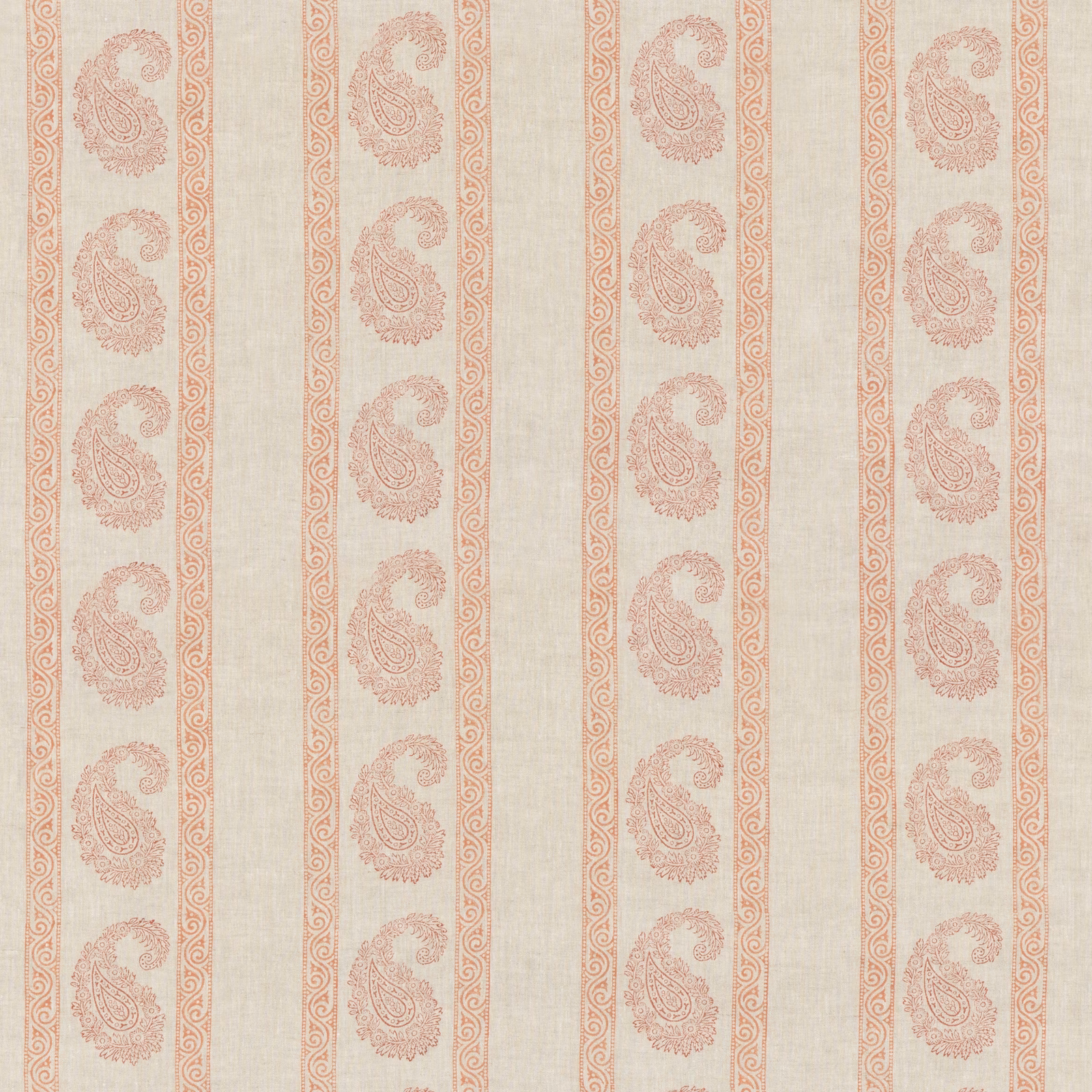 Cream linen with muted terracotta paisley columns and scrolling striped borders