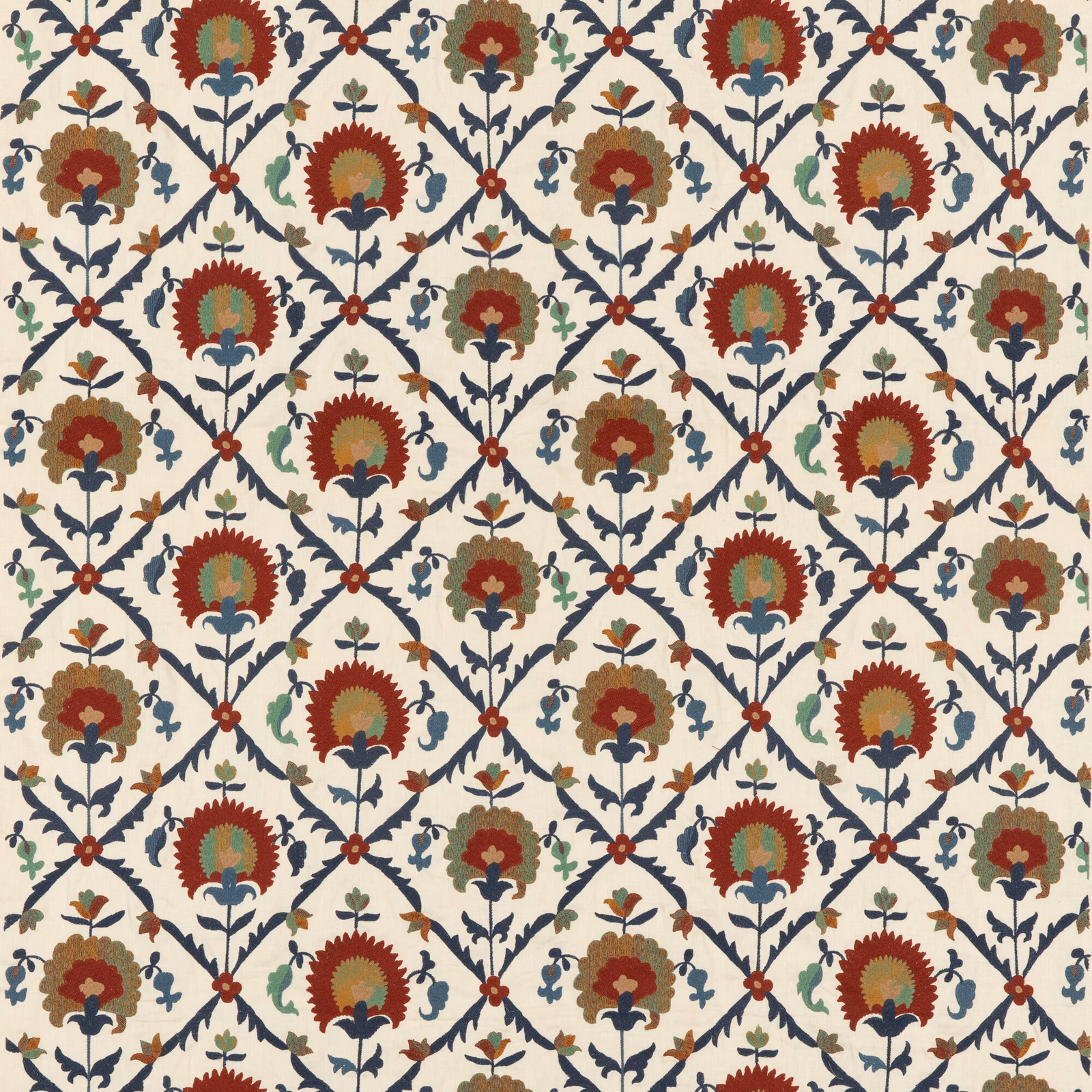 Cream floral lattice with red blooms, blue foliage, and muted green accents