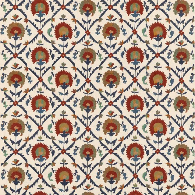 Cream floral lattice with red blooms, blue foliage, and muted green accents