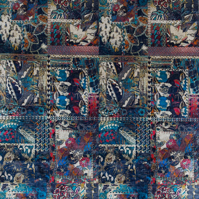 Indigo velvet with teal, cream, rust and burgundy patchwork botanicals