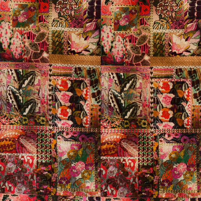 Magenta velvet with patchwork florals, jewel-toned foliage and ornate woven motifs