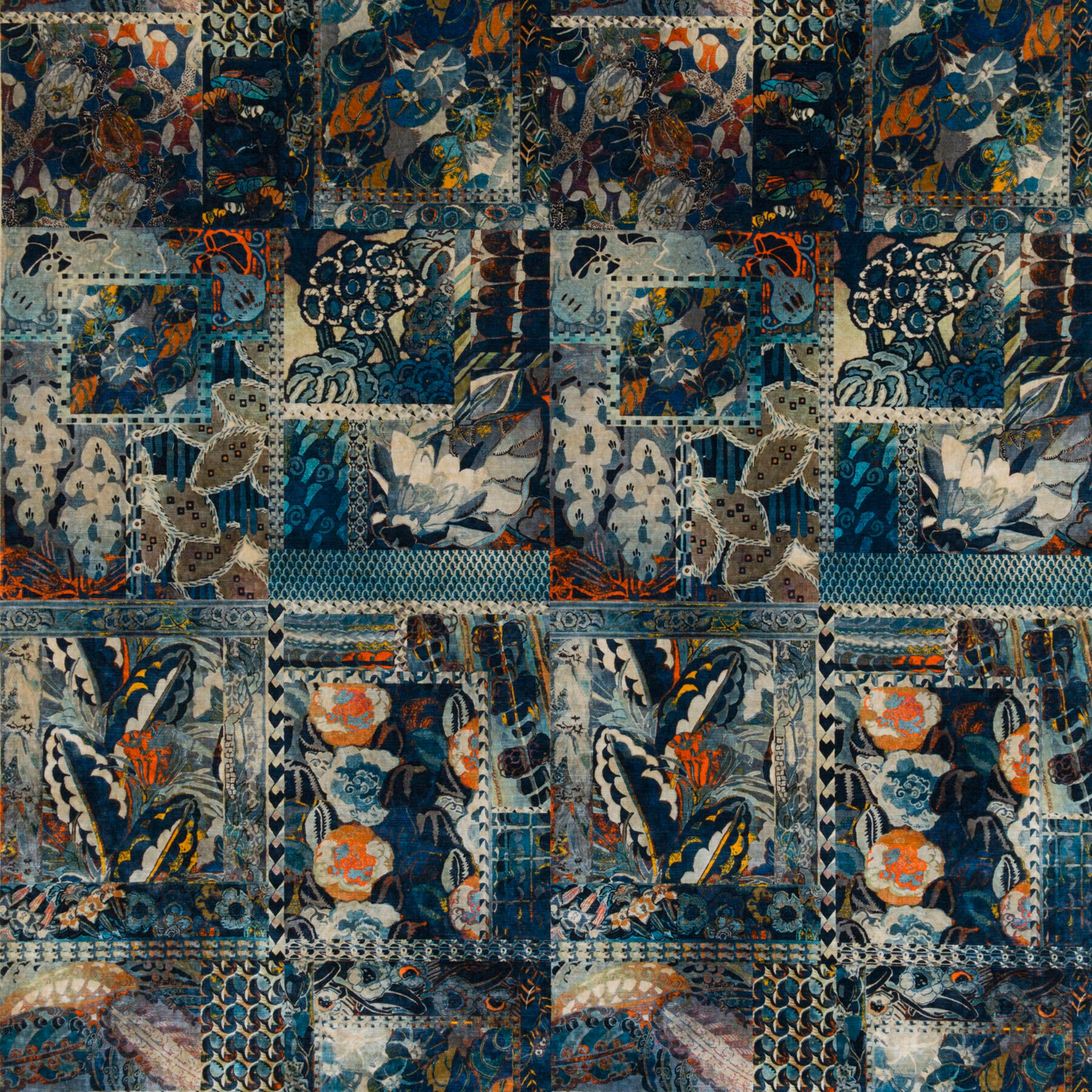 Barcelona Teal velvet showing teal patchwork panels, florals, foliage, rust and cream accents