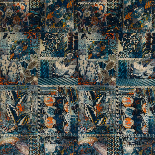 Barcelona Teal velvet showing teal patchwork panels, florals, foliage, rust and cream accents
