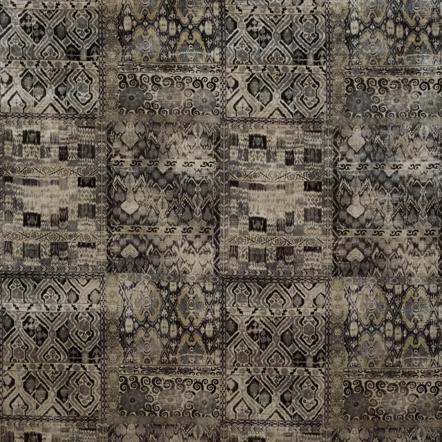 Charcoal velvet with taupe and olive geometric panels, scrolling motifs and ornate borders