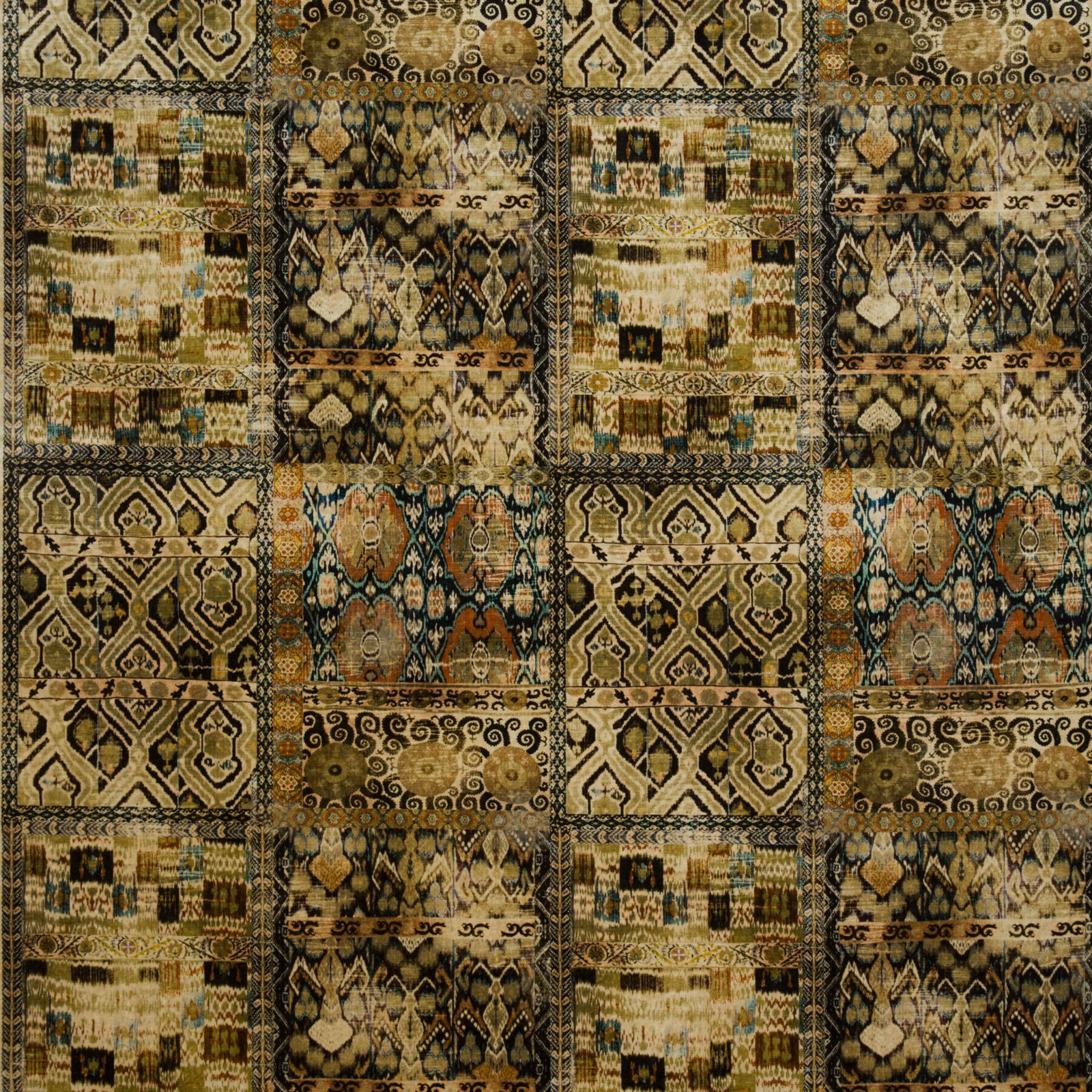 Muted olive and ebony velvet with cream, rust and teal geometric panels