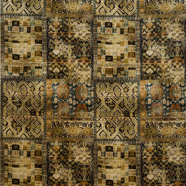 Muted olive and ebony velvet with cream, rust and teal geometric panels