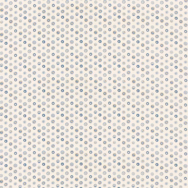 Pale blue and taupe button-ring motifs scattered across an ivory cotton ground