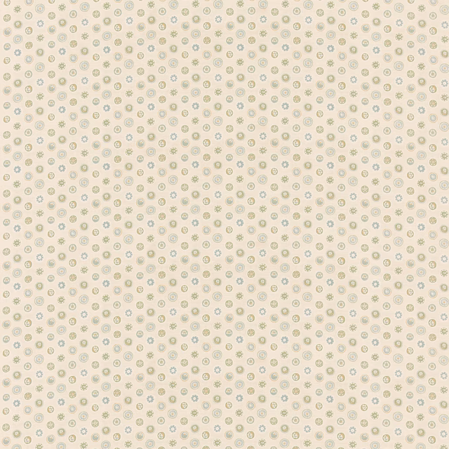 Cream cotton fabric with small blue-green circular button motifs in a close repeat