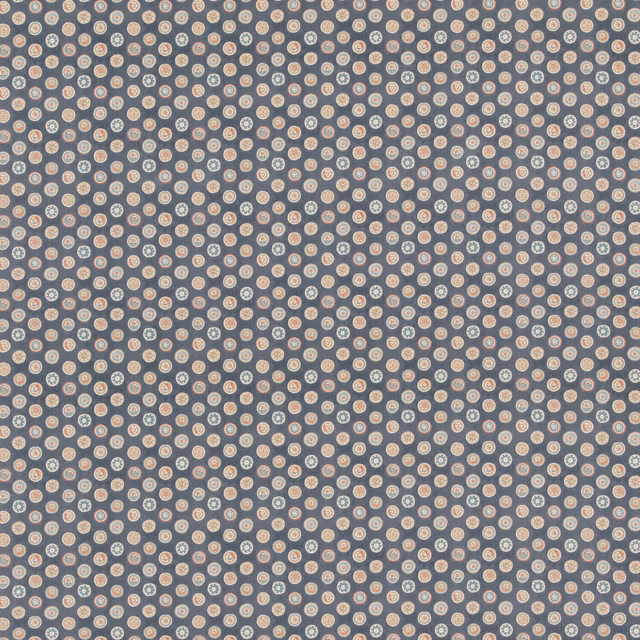 Indigo cotton with dense cream and blush button-like circles