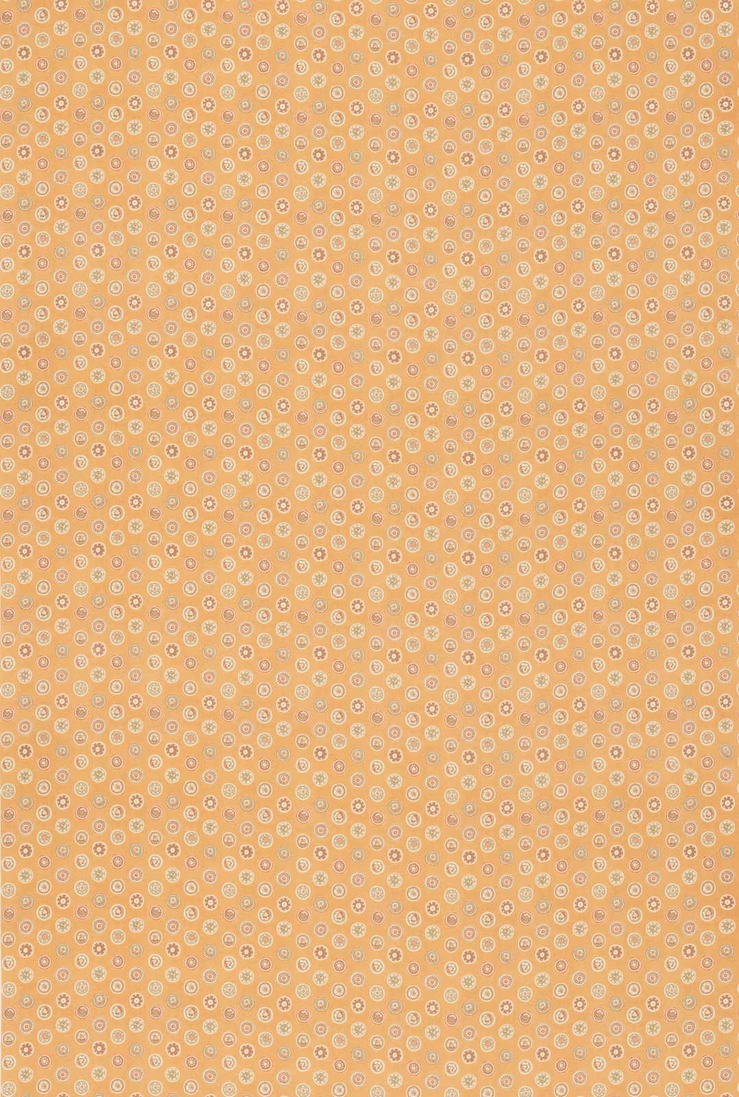 Ochre cotton ground with dense cream and blue-grey circular floral motifs