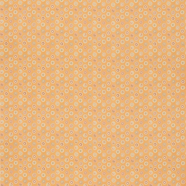 Ochre cotton ground with dense cream and blue-grey circular floral motifs