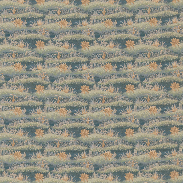 Teal floral tapestry with peach blossoms, pale foliage and softly textured horizontal bands