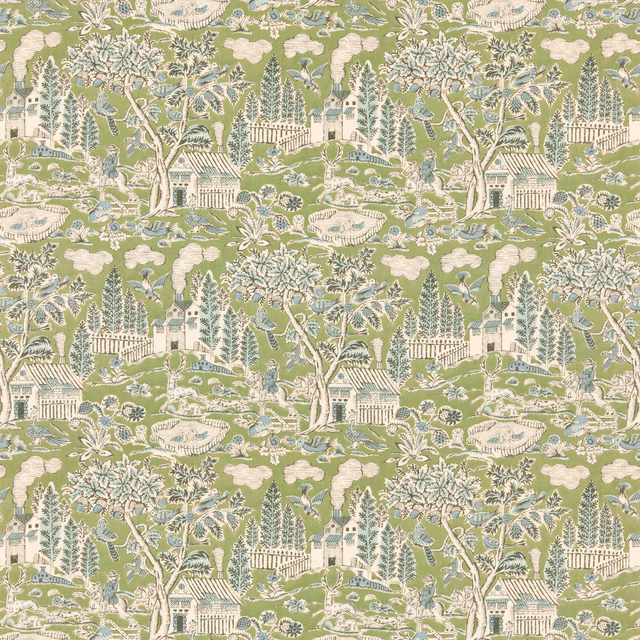 Soft sage-green pastoral toile with cream gardens, trees and blue-grey architectural details