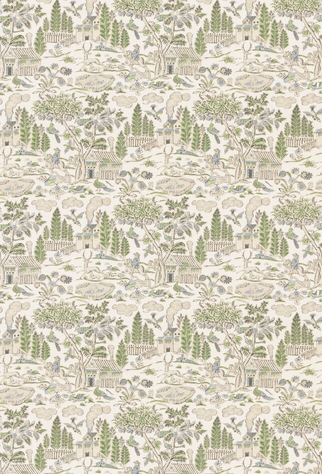 Cream scenic fabric with sage trees, blue-grey water, gardens and distant buildings