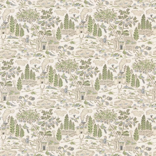 Cream scenic fabric with sage trees, blue-grey water, gardens and distant buildings