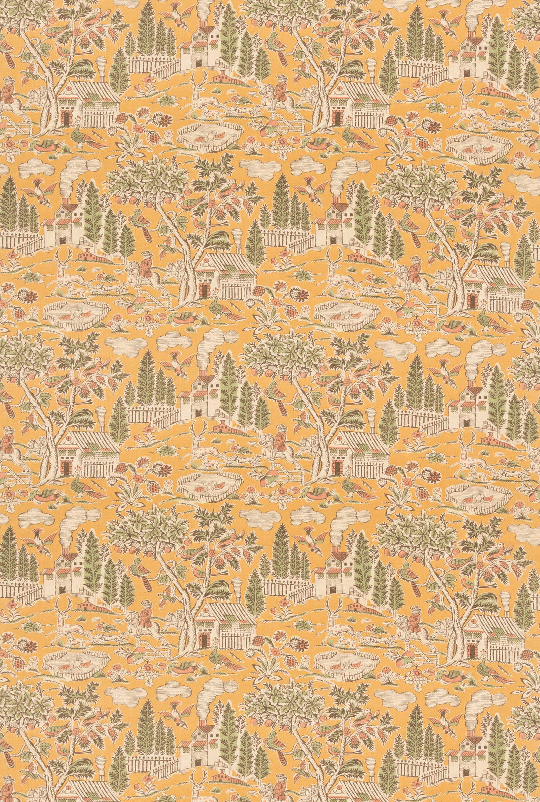 Ochre scenic fabric with trees, gardens, water and country buildings in muted colours
