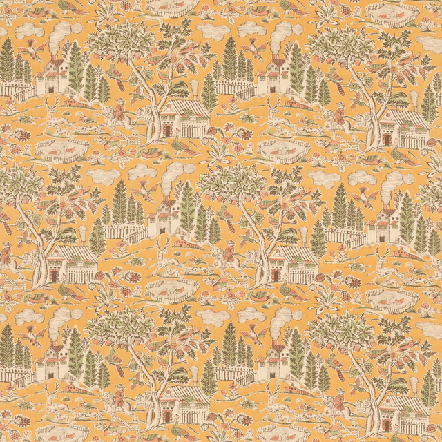 Ochre scenic fabric with trees, gardens, water and country buildings in muted colours
