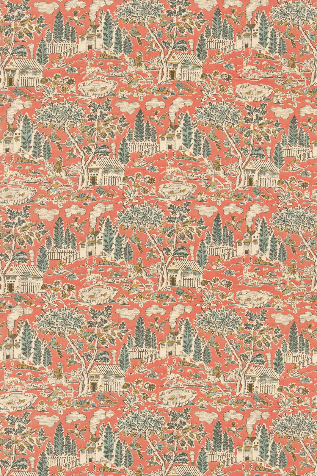Warm old-red scenic fabric with sage trees, cream buildings and pastoral landscape motifs