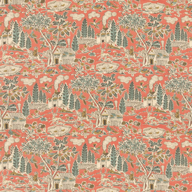 Warm old-red scenic fabric with sage trees, cream buildings and pastoral landscape motifs