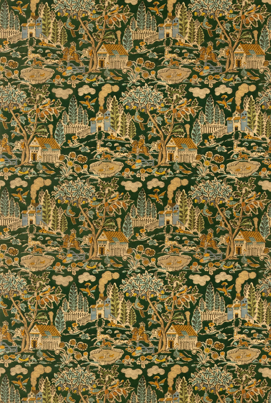 Deep forest-green velvet with ornate garden scenes, trees, pavilions and ochre detailing
