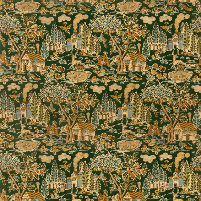 Deep forest-green velvet with ornate garden scenes, trees, pavilions and ochre detailing