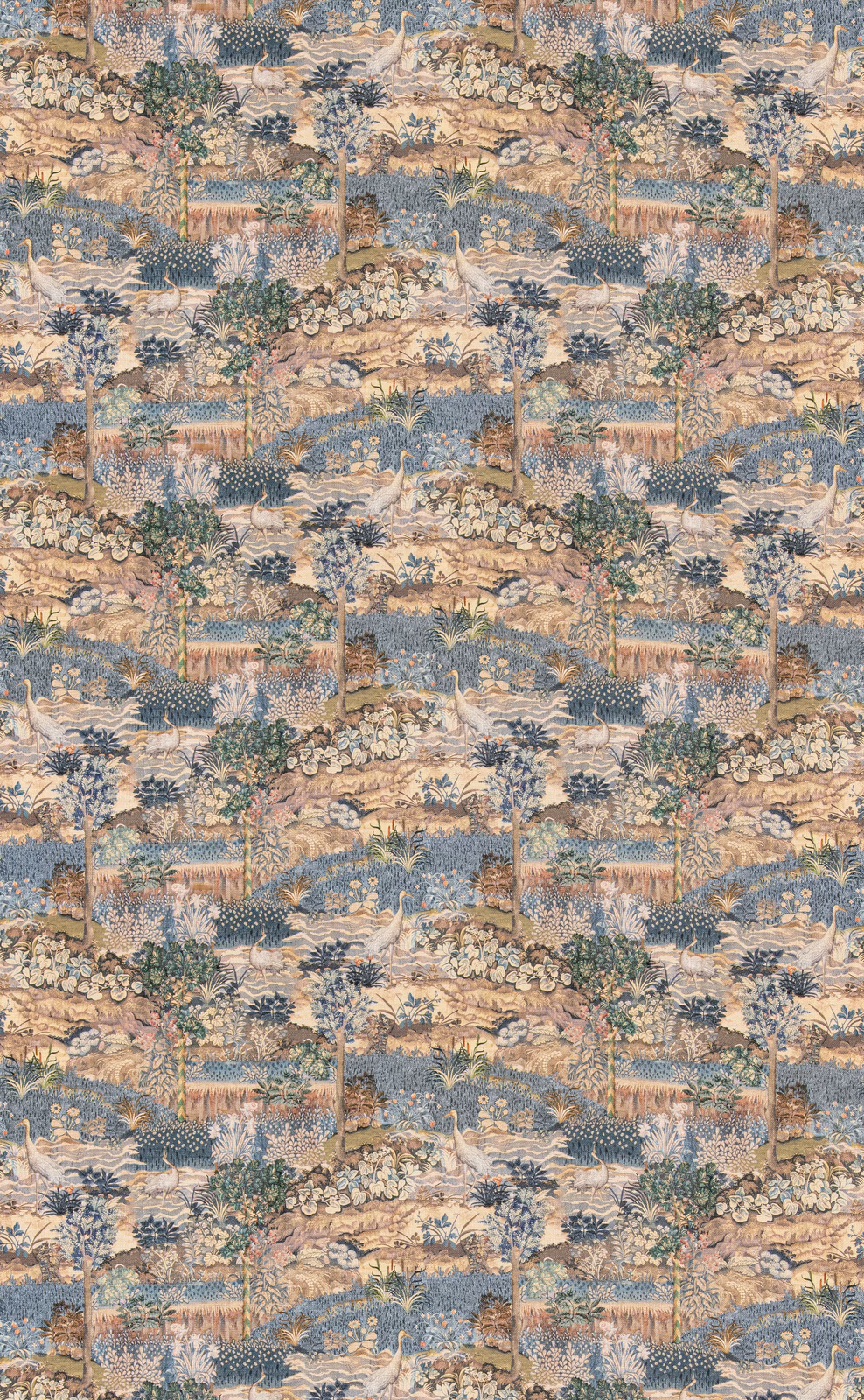 Muted royal-blue tapestry with sandy bands, floral foliage and scenic woven motifs
