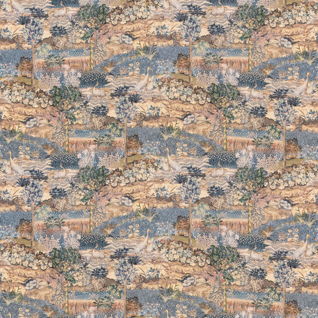Muted royal-blue tapestry with sandy bands, floral foliage and scenic woven motifs