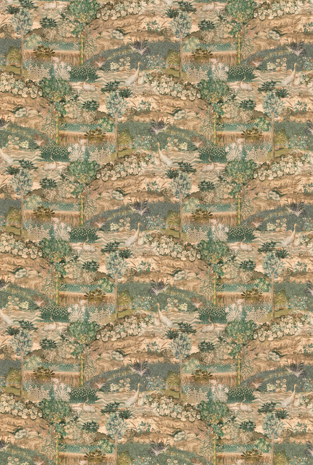 Muted royal-green tapestry with peach landscapes, leafy trees and pale bird motifs