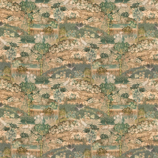 Muted royal-green tapestry with peach landscapes, leafy trees and pale bird motifs
