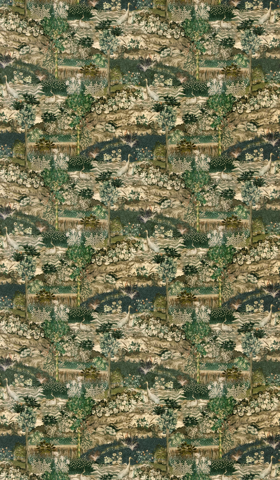 Deep royal green velvet with cream woodland scenes and muted olive foliage