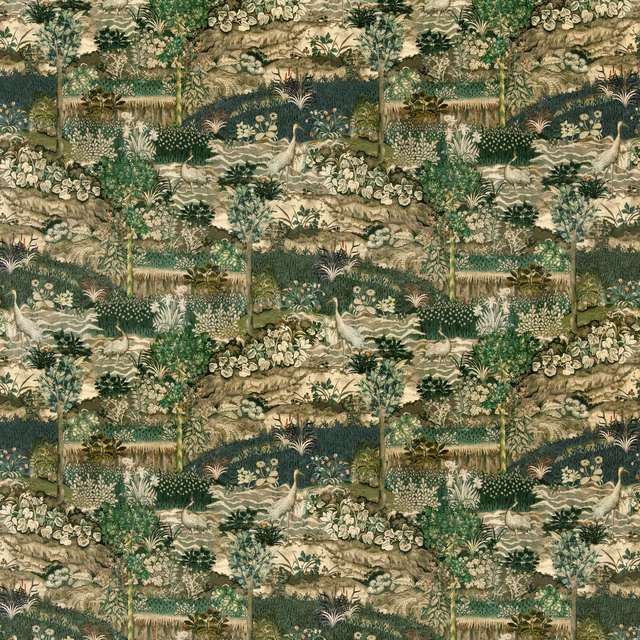 Deep royal green velvet with cream woodland scenes and muted olive foliage