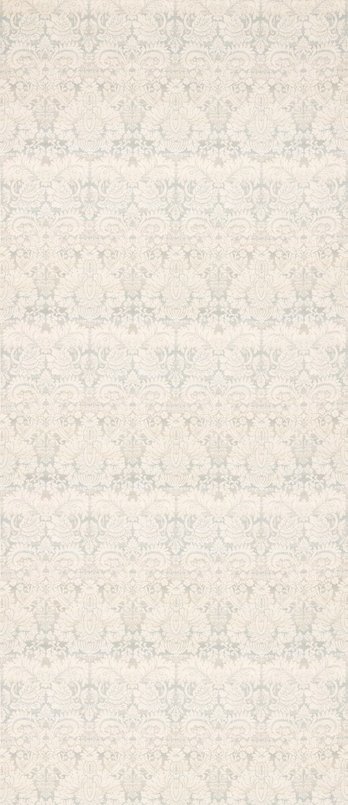 Pale aqua damask motifs in a low-contrast ivory textile