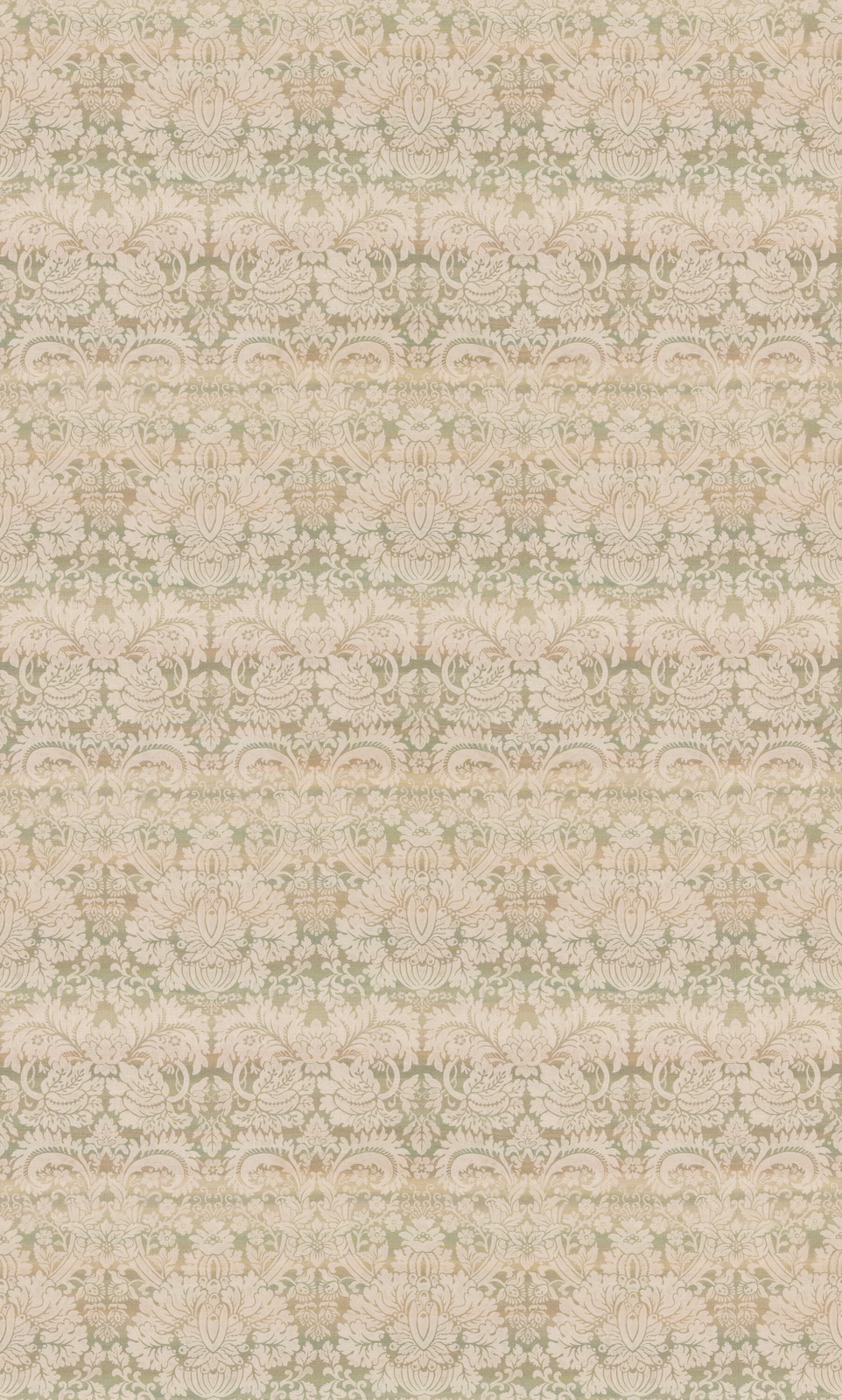Pale sage damask with cream scrollwork and softly blush-toned woven accents