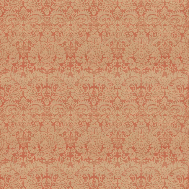 Muted old red damask with warm beige scrolling florals and fine woven texture